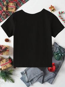 圣诞快乐！男童时尚卡通可爱拐杖糖装饰圣诞氛围节日图案字母标语短袖T恤，适合圣诞派对，新年快乐！ - 黑色 - 查看 2