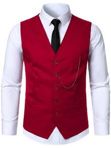 Manfinity Mode Men's Solid Color Waistcoat And Pants Business Formal Suit - Burgundy - View 4