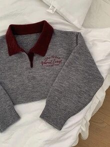 DAZY Jeune fille Tricot décontracté avec broderie de lettre et col contrastant, Automne/Hiver - Gris - Voir 7