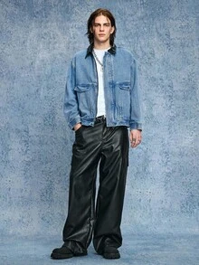 ROMWE MEN Casual Áo khoác denim thường ngày màu tương phản mùa thu cho nam, cổ bẻ, vai trễ, tay dài, khóa kéo phía trước - màu đen - Xem 3