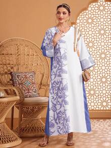 Al Najma 女式不对称随机花卉印花拼接宽松阿拉伯风格连衣裙 - 紫色 - 查看 3
