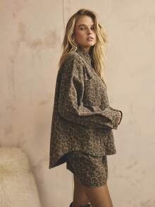 Aralina Chaqueta vaquera de mujer de manga larga con botones delanteros, estampado de leopardo y corte holgado - Multicolor - Ver 3