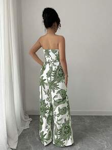 SHEIN Elenzya Women's Printed Bandeau Jumpsuit With Cinched Waist And Wide Leg, Elegant For Vacation, Daily Commute - Army Green - View 2