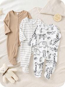 SHEIN 3pcs Newborn Baby Unisex Cute Cartoon Print Long Sleeve Footed Romper Pajama Set