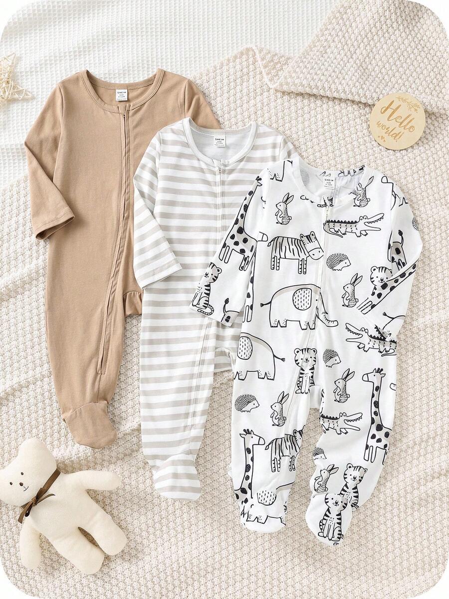 SHEIN 3 Stück Neugeborenen Baby Unisex süße Cartoon Muster Langarm Romper Pyjama Set