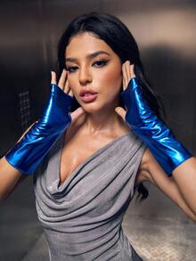 SHEIN ICON قفازات نسائية بدون أصابع - الأزرق - مشاهدة 2