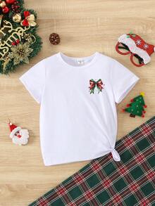Merry Christmas Toddler Girls' Creative Cute Cartoon Colorful Christmas Leopard Print Bow Decor Short Sleeve T-Shirt, Casual Top Suitable For Christmas, All Seasons - White - View 2