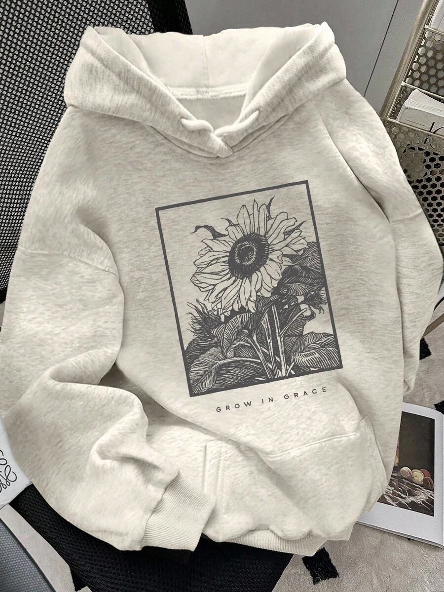 Resyla Women's Sunflower Print Long Sleeve Thermal Lined Casual Sweatshirt, Autumn/Winter, Christmas - Light Grey - View 1