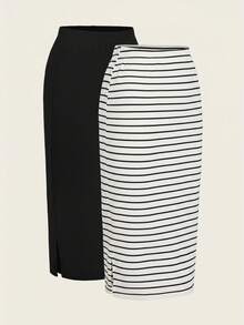 SHEIN LUNE 2pcs Women Casual Striped & Solid Color Skirt Set Skirts Curve 2 Piece Skirt Black And White Skirt Skirts For Women Set Jupe Women