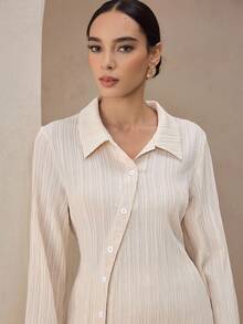 Graceveil 2 件女式杏色纹理不对称纽扣设计长袖衬衫和宽松长裤套装，秋冬 - 杏色 - 查看 4