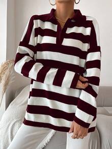 EURMUSE Plus Size White Pattern Drop Shoulder Polo Neck Drop Shoulder Sweater Back-To-School Formal Graduation Autumn Casual - Burgundy - View 6