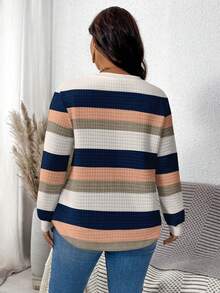 EMERY ROSE Plus Size Women Casual Colorful Striped Print Loose Fit Crew Neck Long Sleeve Sweatshirt, Waffle Texture, Suitable For Autumn/Winter Women Long Sleeve Tops Pullover For Women Stripe Long Sleeve Top - Multicolor - View 2