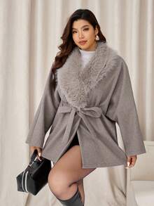 Auralis Plus Size Solid Color Faux Fur Patchwork Long Sleeve Overcoat, Autumn/Winter