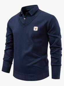 Calvornis 男士秋冬季保暖内衬鹿纹二合一长袖休闲毛衣，藏蓝色 - 藏蓝色 - 查看 4