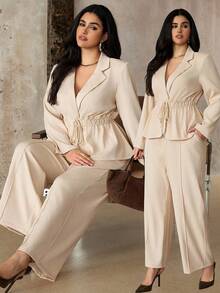 Roveilla Bộ 2 món áo khoác blazer tay dài và quần dài cổ điển tối giản thường ngày dành cho nữ cỡ lớn - Màu be - Xem 3