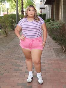 Enliva Damen Große Größen gestreiftes Strick Rundhals Kurzarm T-Shirt, Sommer Urlaub