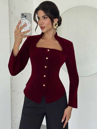 Firerie 女士优雅精致浪漫通勤休闲时尚新款街头风立领龙纹镂空金属扣腰A字下摆长袖酒红色衬衫，圣诞节，红色上衣，圣诞节