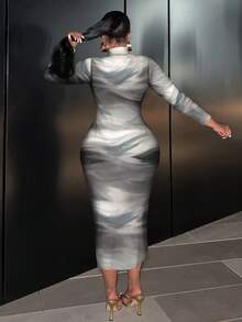 Slaydiva Casual Tie Dye Color Plus Size Long Sleeve Round Neck Fitted Dress, Suitable For Autumn/Winter