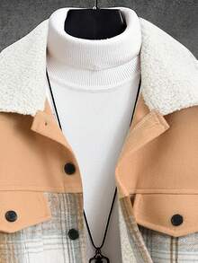 Manfinity Homme Casual Fashionable Versatile Men's Fuzzy Long Sleeve Jacket, Autumn/Winter Plaid Jacket Men Men Shacket Men Plaid Shacket Plaid Shirt Jacket Men - Yellow - View 4