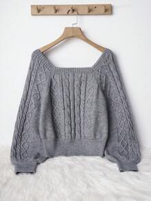 Sweetra Autumn/Winter New Arrival Square Collar Loose Knit Casual Elegant Commuting Women Gray Pullover Sweater - Grey - View 2
