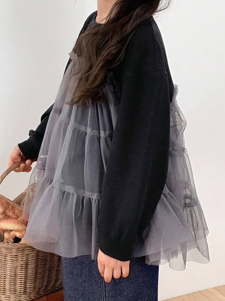 Young Girls Round Neck Mesh Patchwork Korean Style Long Sleeve T-Shirt, Autumn/Winter