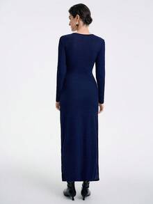 Aalyst Women's Elegant Fashion Commuter Casual Comfortable Charming Retro Lady Gentle Romantic Holiday Party Long Sleeve Asymmetric Neck Front Side Tie Design Feather Metal Button Decor Waist Fitted Glitter Solid Color Dress - Navy Blue - View 2