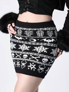 ROMWE Gothic Skull Intarsia Knit Bodycon Mini Skirt, Suitable For Winter & Christmas - Black and White - View 3