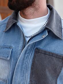 Manfinity Homme 男士时尚休闲水洗拉链多口袋牛仔夹克，秋季款 - 藍色 - 查看 3