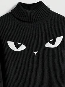 ROMWE High Neck Dark Gothic Black Mysterious Cat Embroidery Pullover Sweater - Black - View 3
