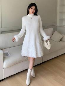 Feyla Đầm thời trang cổ lọ màu trơn chắp vá tay bồng bềnh cho nữ, Thu/Đông - Màu be - Xem 3