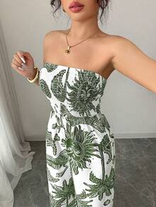 SHEIN Elenzya Women's Printed Bandeau Jumpsuit With Cinched Waist And Wide Leg, Elegant For Vacation, Daily Commute - Army Green - View 6