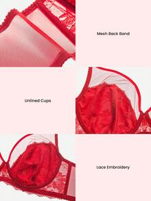 LUVLETTE 圣诞节和新年女士内衣休闲曲线透明全包覆支撑透气钢圈性感无衬垫显瘦蕾丝优雅网纱红色文胸新娘内衣