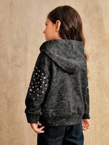 SHEIN 年轻女孩高品质黑色长袖连帽运动衫，水钻装饰宽松家庭装，秋冬 - 黑色 - 查看 2