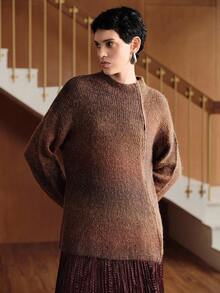 Uhlyne Gradient Knitwear Office Business Casual Asymmetric Brown Versatile Zip-Up Knit Cardigan Top,Halloween,Autumn/Winter, Minimalist, Work Wear, Teacher Outfits, Back To School, Fall , Business Casual,Old Money - Coffee Brown - View 4