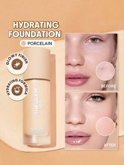 SHEGLAM كريم أساس مرطب من Skinfinite-كريم أساس بورسلين Flawless Dewy-تغطية مرطبة-إخفاء المسام غير المرئية-كريم أساس سائل خفيف الوزن طبيعي غير دهني-كريم أساس علامة تجارية جمال مكياج مستحضرات تجميل للنساء الفتيات مثالي لفصل الخريف الشتاء مثالي ل- Y2K أزياء أنيقة هدية حفلة جاهز أفضل لون