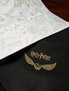 HARRY POTTER X SHEIN 双面时尚黑色渔夫帽，金色飞贼刺绣，优雅百搭，适合日常佩戴和防晒