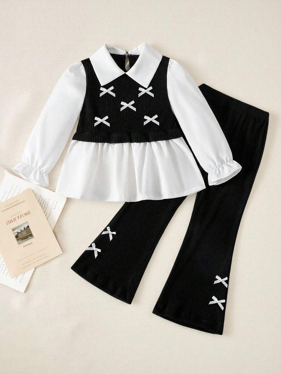 SHEIN Explorewe 女童休闲衬衫套装,卡其色蝴蝶结设计,串珠针织罗纹面料,白色长袖荷叶边下摆衬衫上衣搭配卡其色珍珠喇叭裤,2 件套,适合返校季休闲、时尚、甜美、舒适的户外旅行装 - 黑色 - 查看 1