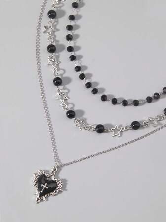 3pcs/Set Gothic Dark Personalized Glass Crystal Black Beaded Vintage Hip Hop Thorns Cross Pendant Necklace, Suitable For Women & Men Daily Wear, Halloween