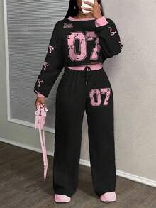 Slaydiva 秋季大码女式休闲宽松蝴蝶结和数字印花落肩长袖运动衫和裤子两件套，秋冬 - 彩色 - 查看 1