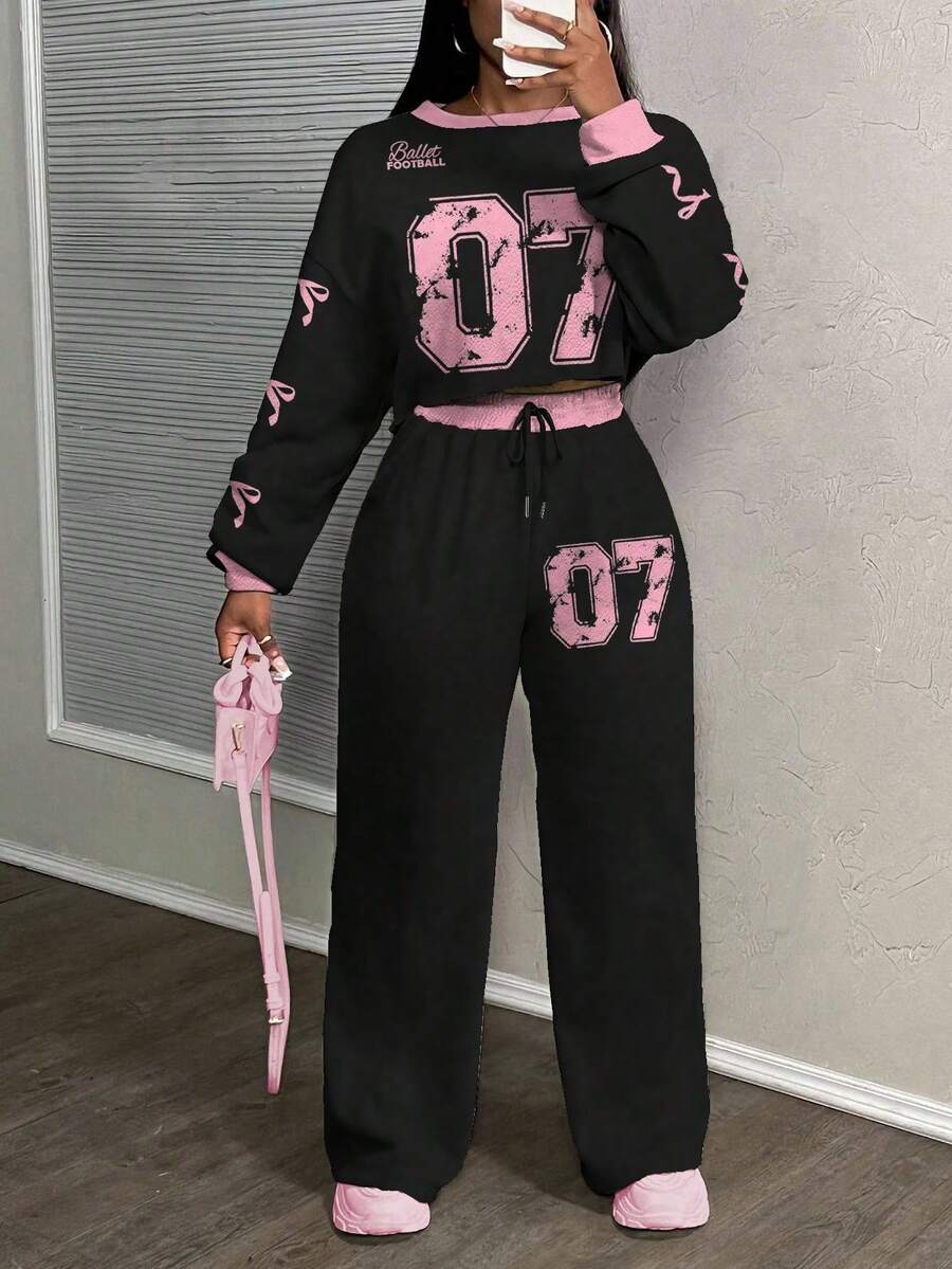 Slaydiva 秋季大码女式休闲宽松蝴蝶结和数字印花落肩长袖运动衫和裤子两件套，秋冬 - 彩色 - 查看 1