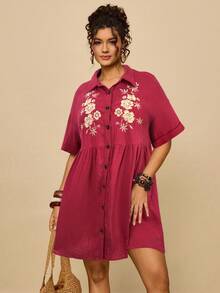 Travachic Plus Size Casual Cotton Floral Embroidered Black Shirt Collar Batwing Sleeve Patchwork Dress