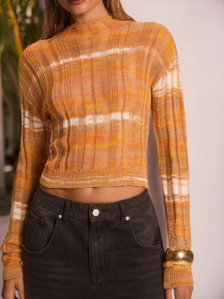 Glamine Multi-Color Ripped Floral Pattern Crew Neck Sexy Alluring Women Sweater - Multicolor - View 1
