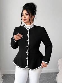 Elenzga 女式加大码白色丝带撞色块前开圆领插肩长袖 A 字宽松优雅舒适百搭休闲夹克，秋季