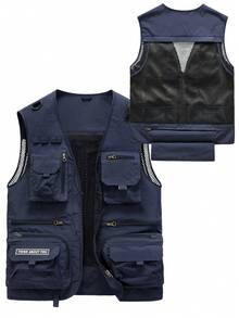 Manfinity Homme 男士网眼可拆卸工装背心外套，秋季款 - 藍色 - 查看 4