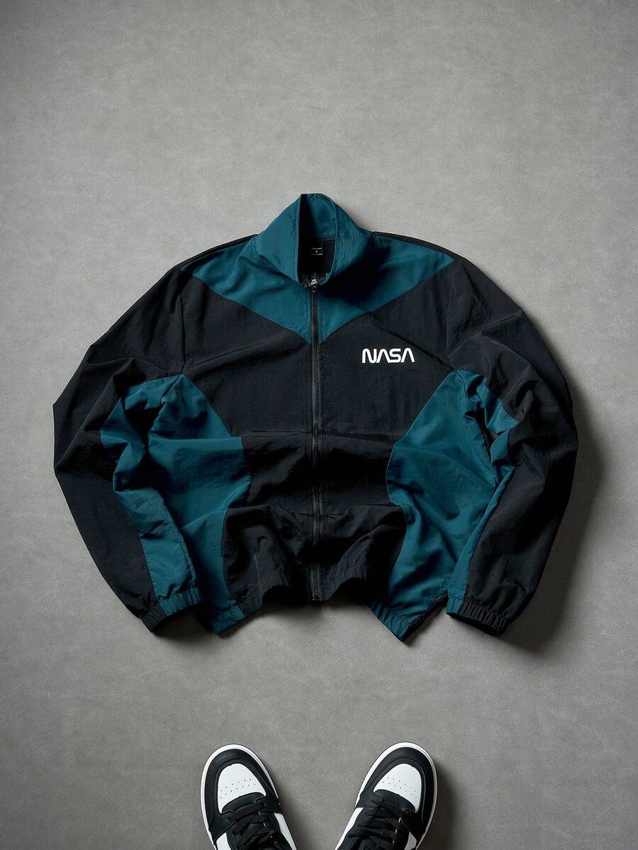 PAVTROS 男士休闲撞色拉链立领长袖夹克，搭配字母图案，运动风格，适合日常穿着、外出、运动、上学、聚会和音乐节。可作为礼物送给朋友或男友，Y2K 赛车拉链夹克 - 黑色 - 查看 1