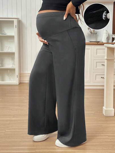 SHEIN 孕妇纯色可调节腰部阔腿宽松休闲裤