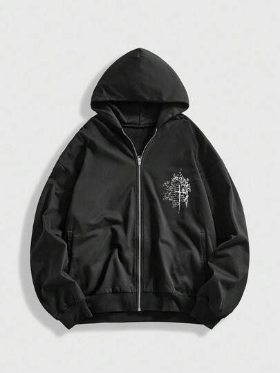 Street Life Men's Autumn Gothic Print Zip-Up Casual Loose Hoodie Sweatshirt