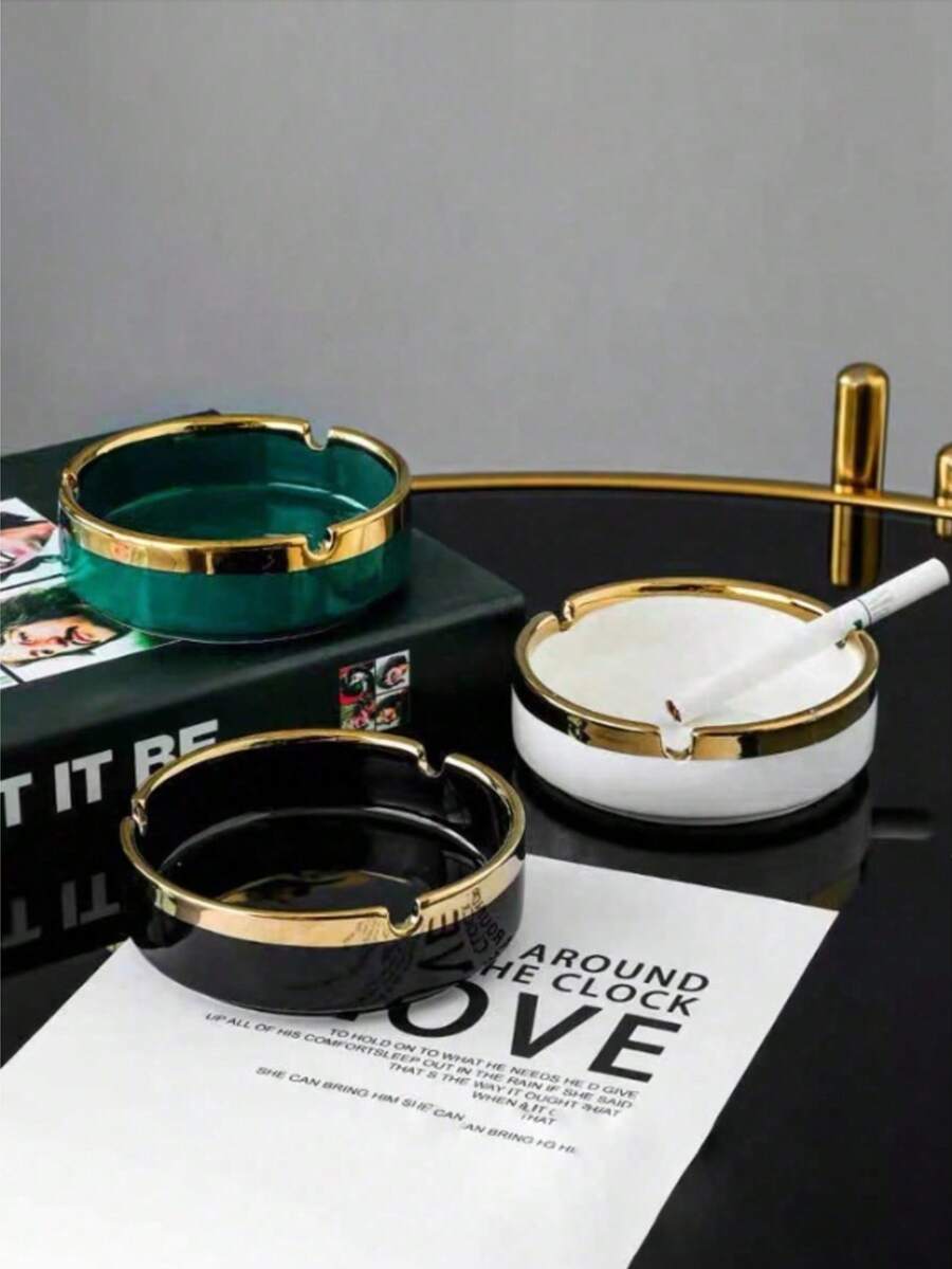 1pc Ceramic Gilded Luxury Ashtray, Home Decor (Slight Variation In Craftsmanship Between Batches, But Does Not Affect Usage), Back To School Supplies - White - View 1