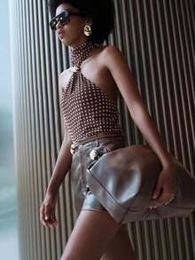 Lumivelle Chiffon Polka Dot Pattern Spaghetti Strap Metal Button Tied Bow Back Cutout A-Line Vacation Elegant Sexy Luxurious Minimalist Spring/Summer Women Camisole Chocolate Brown Top - Coffee Brown - View 6