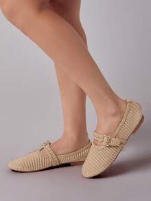 Solezae Giày búp bê Mary Jane Ballet Flat móc Raffia dành cho nữ - Màu be - Xem 5